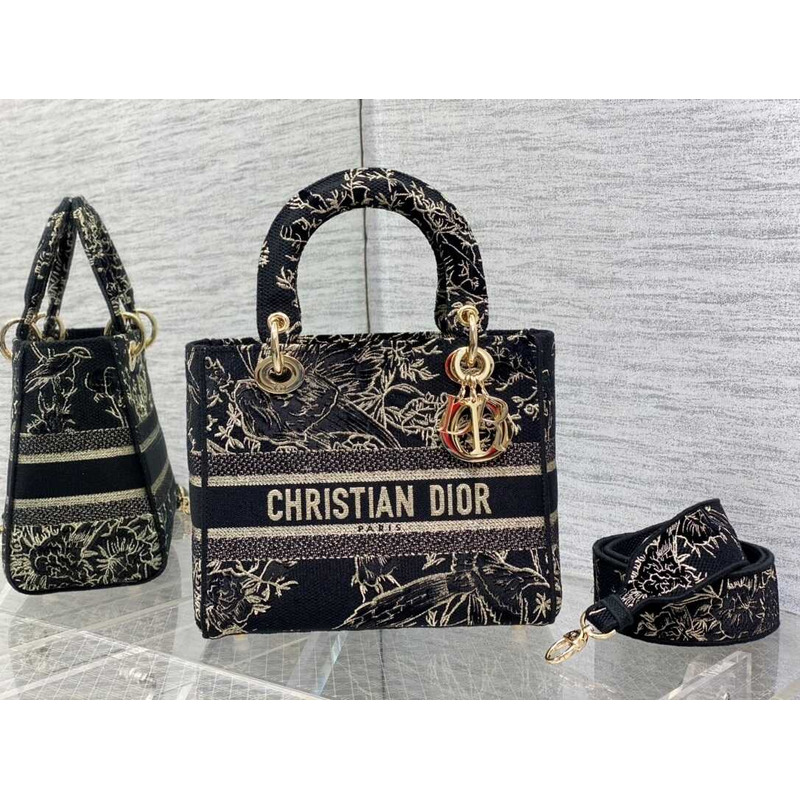D*or medium lady d-lite bag black cotton multicolour D*or jardin d\