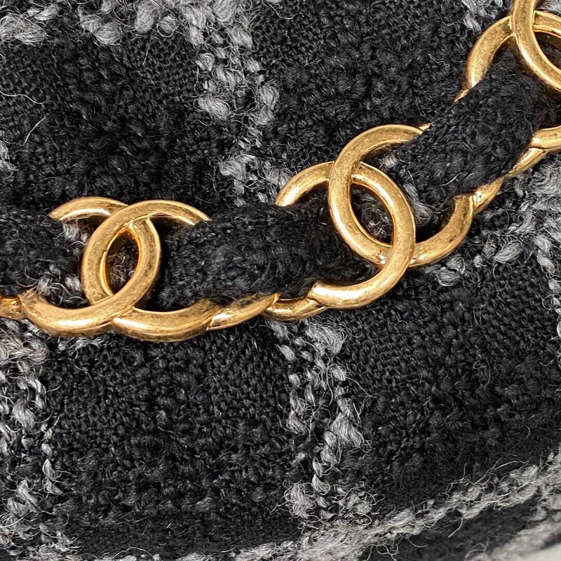 Ch*el oversized hobo bag wool twill & gold-tone metal black and gray