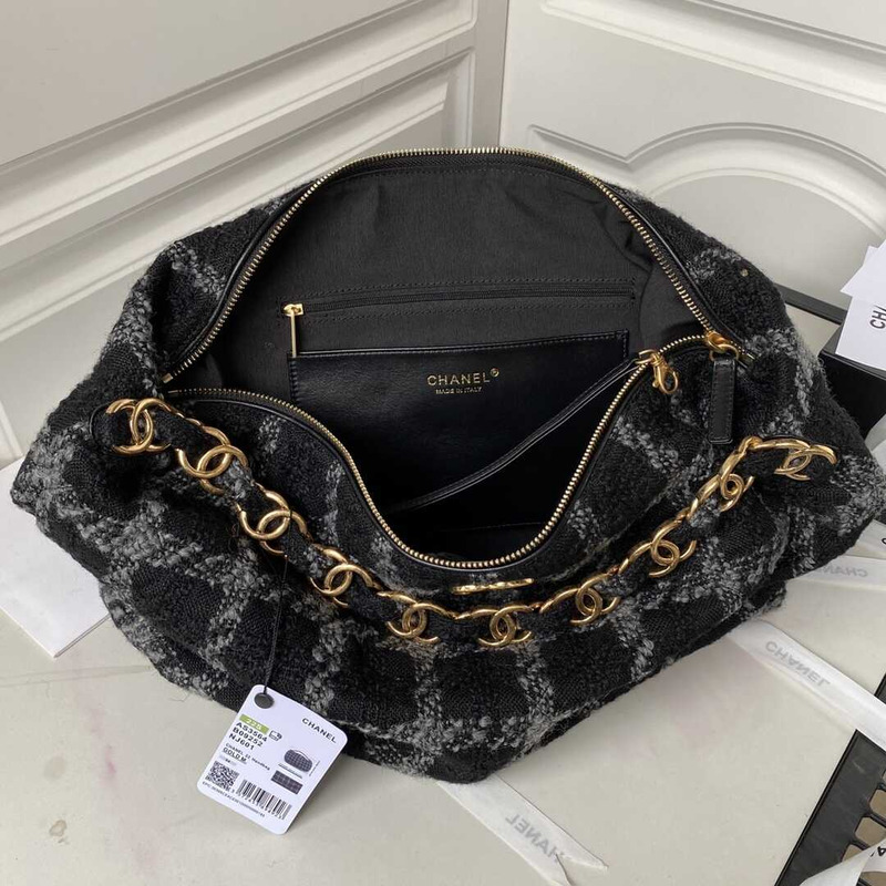 Ch*el oversized hobo bag wool twill & gold-tone metal black and gray