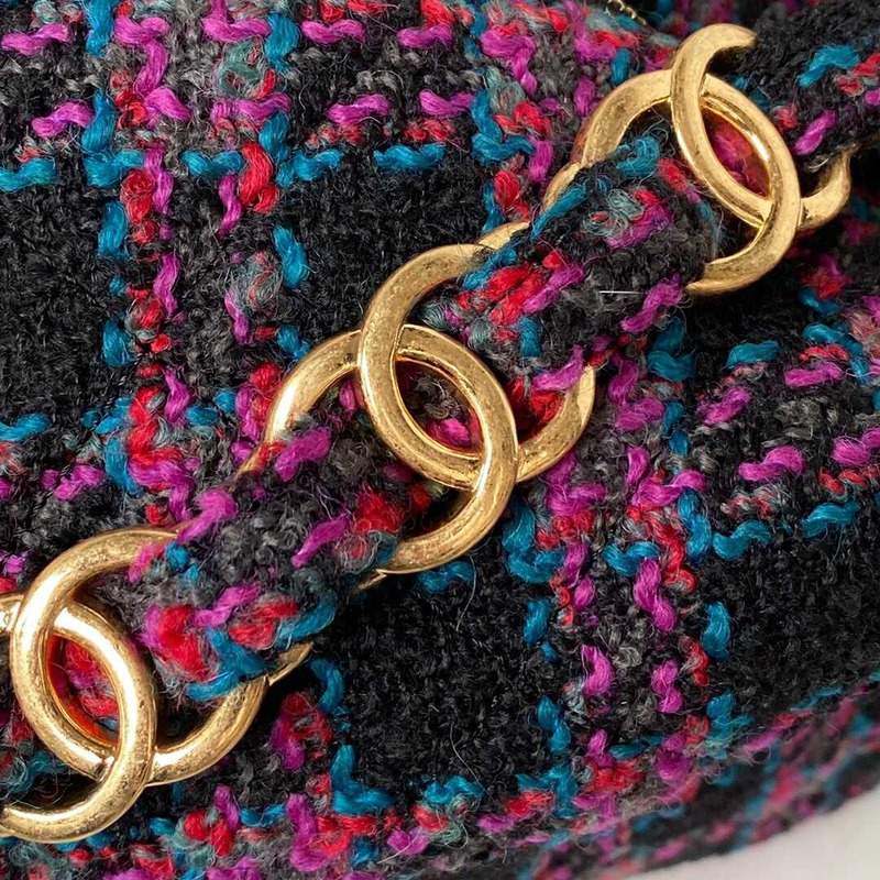 Ch*el hobo bag wool twill & gold-tone metal black and red