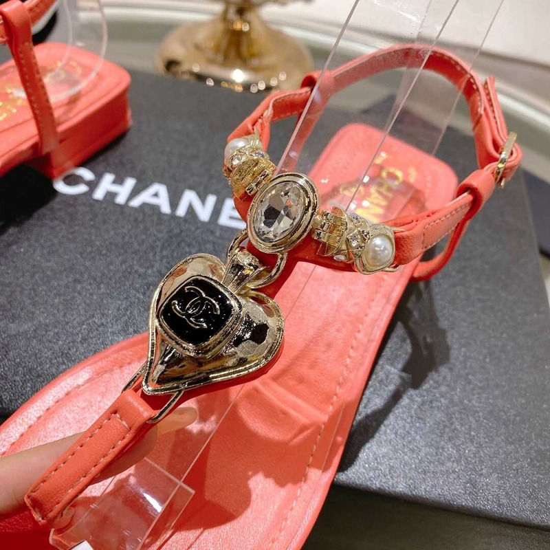 Ch*el lambskin metal diamanté & imitation pearls sandals red