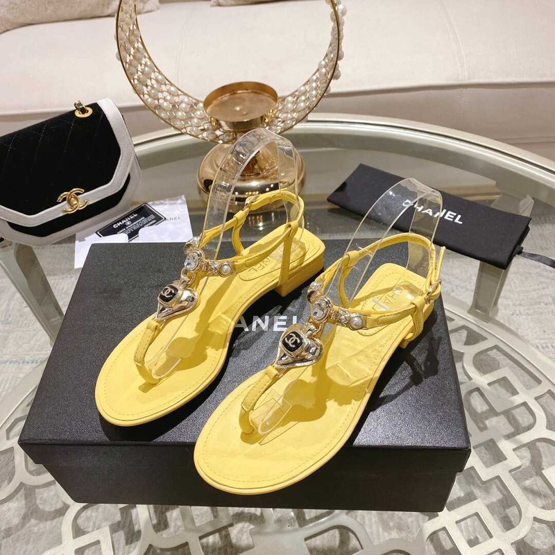 Ch*el lambskin metal diamanté & imitation pearls sandals yellow