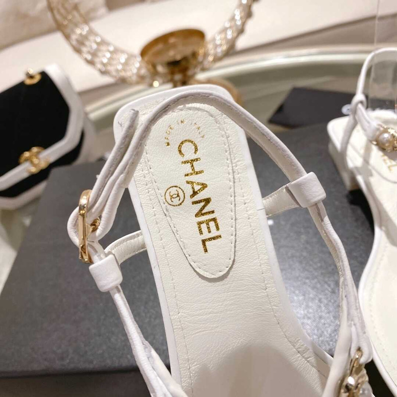 Ch*el lambskin metal diamanté & imitation pearls sandals white
