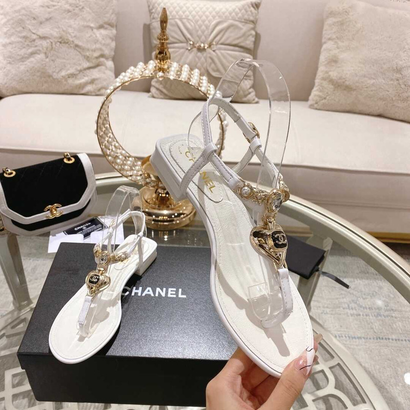 Ch*el lambskin metal diamanté & imitation pearls sandals white