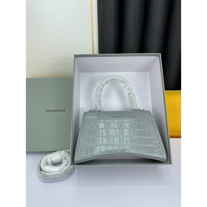 Ba*len*cia*ga  hourglass s bag in crocodile-effect leather gray
