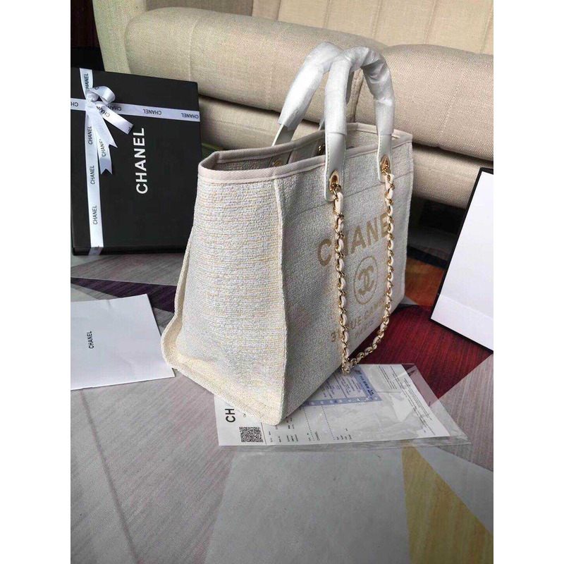 Ch*el deauville chain bag cream white women tweed tote