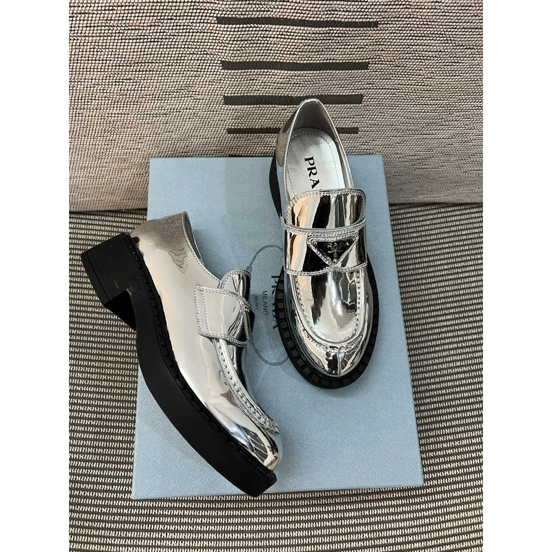 Pra*a triangle logo metallic loafers silver