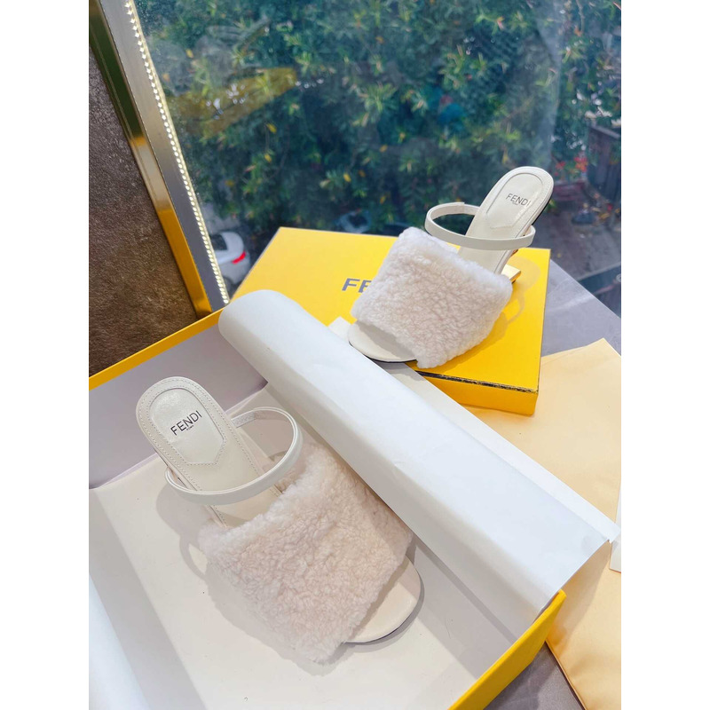 F**di white sheepskin heeled sandals white