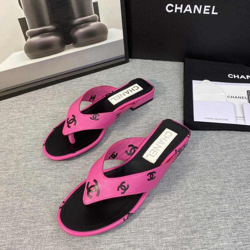 Ch*el leather flip flops sandals rose red
