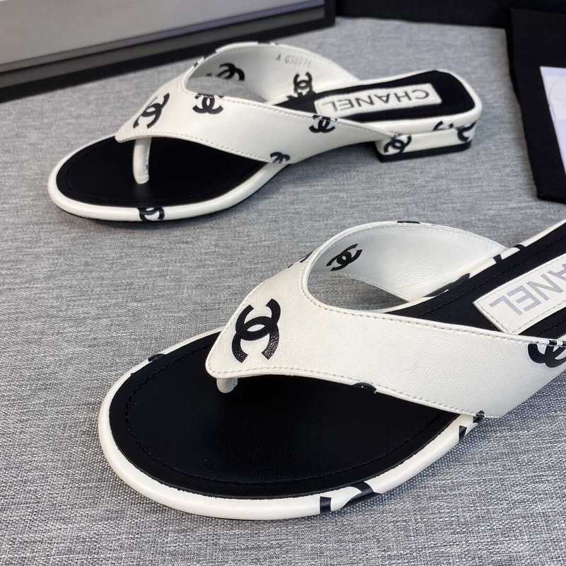 Ch*el leather flip flops sandals white