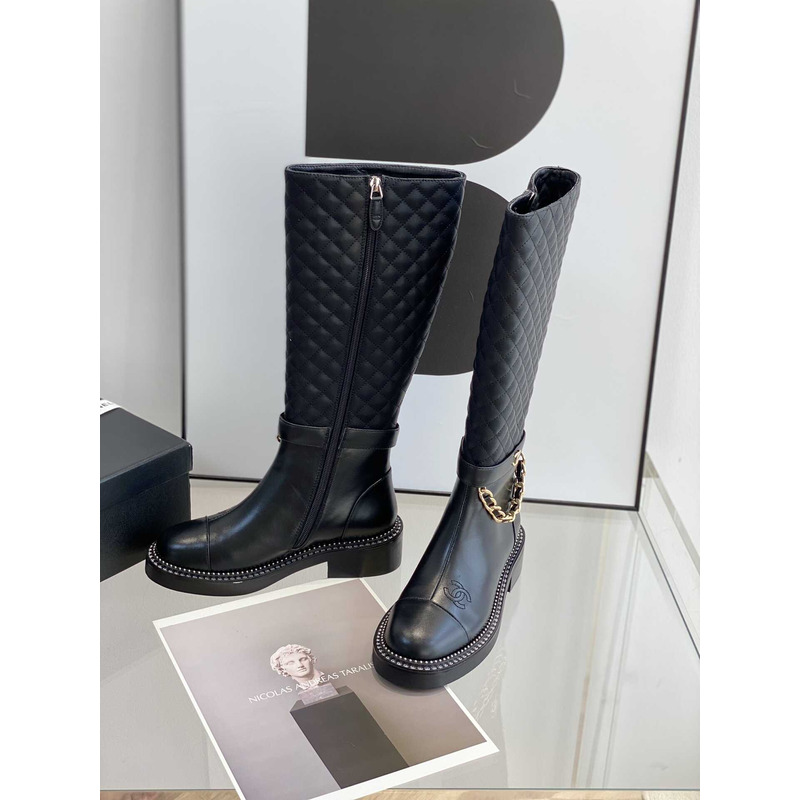 Ch*el calfskin quilted riding boots black