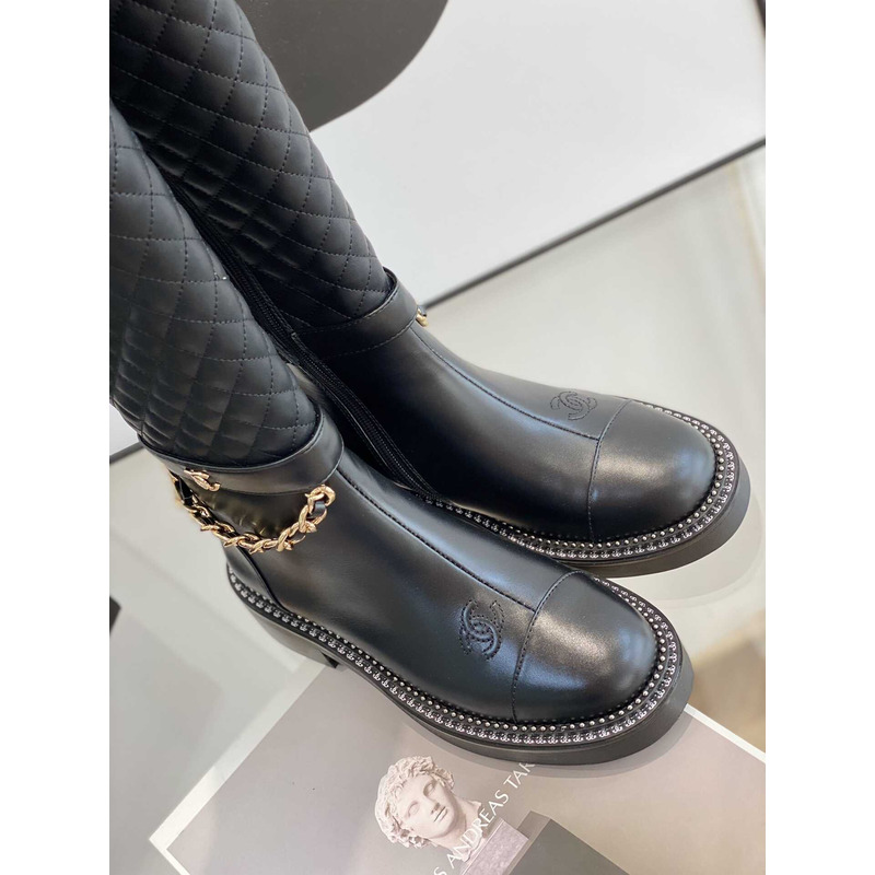 Ch*el calfskin quilted riding boots black