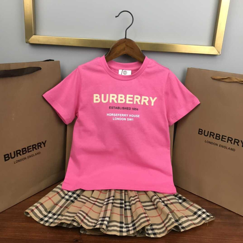 B**rry kids printed cotton t-shirt vintage check pleated skirt set