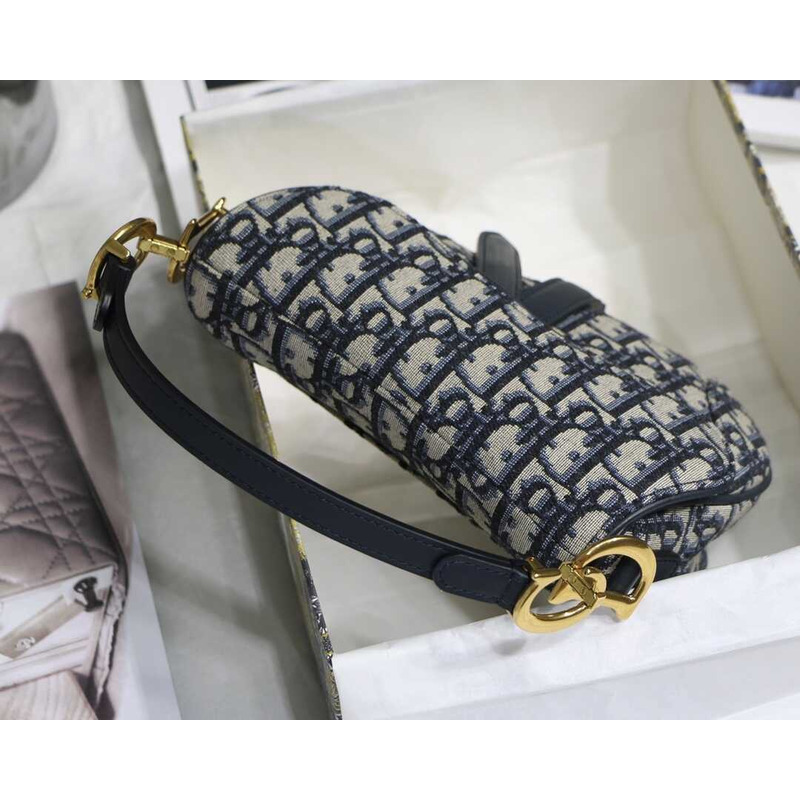 ch**an D*or mini saddle bag with strap blue D*or oblique jacquard