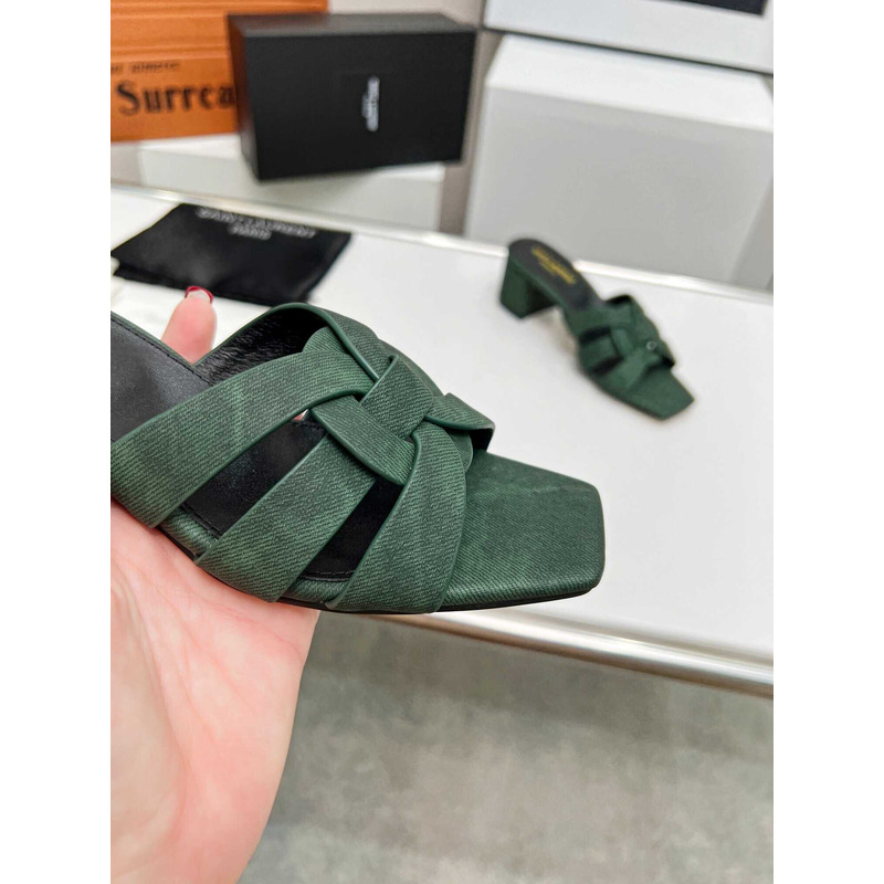 Saint Laurent Tribute Denim Mid-heel Mule Shoes Green