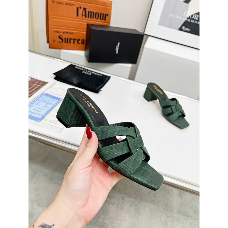 Saint Laurent Tribute Denim Mid-heel Mule Shoes Green
