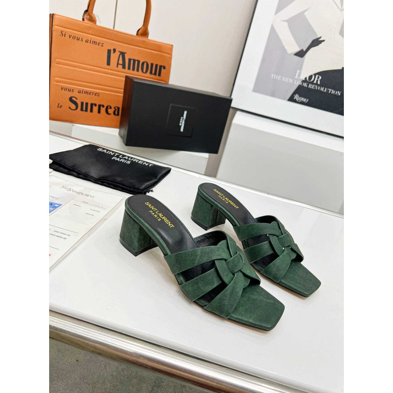 Saint Laurent Tribute Denim Mid-heel Mule Shoes Green