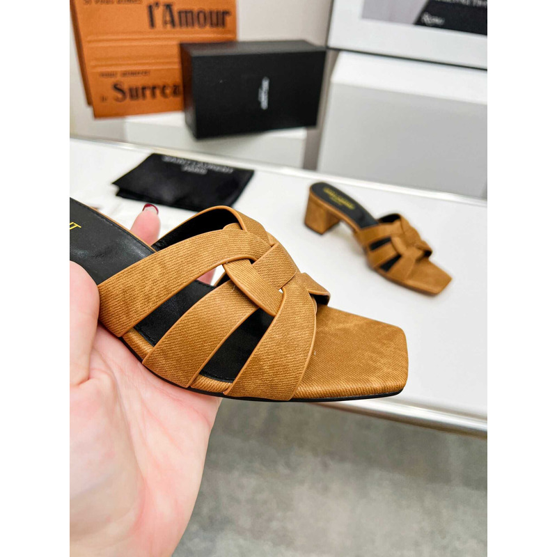 Saint Laurent Tribute Denim Mid-heel Mule Shoes Brown