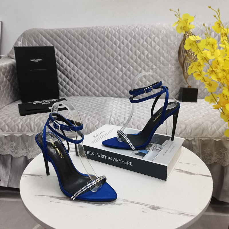 Saint Laurent New Nuit Silk Crystal Stiletto Sandals Blue