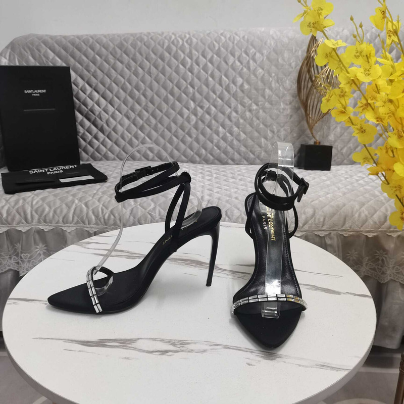 Saint Laurent New Nuit Silk Crystal Stiletto Sandals Black