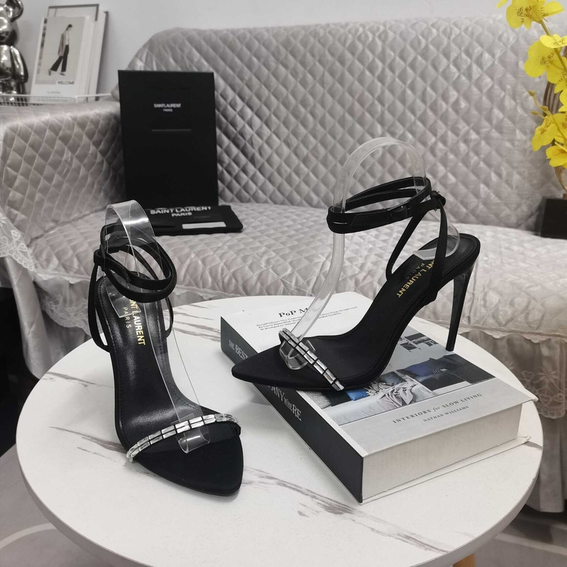 Saint Laurent New Nuit Silk Crystal Stiletto Sandals Black