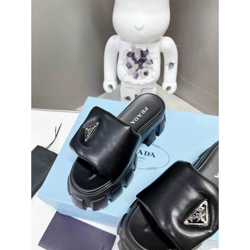 Pra*a soft padded logo plaque platform sandals black