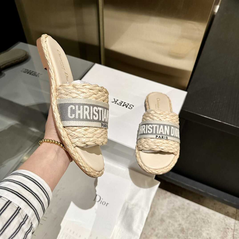D*or dway slide jute-colored embroidered raffia and cotton gray