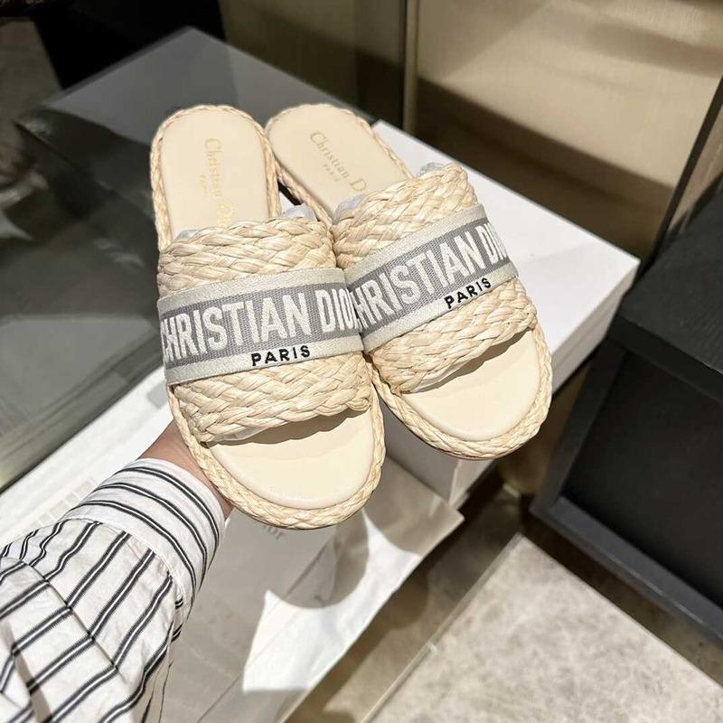 D*or dway slide jute-colored embroidered raffia and cotton gray
