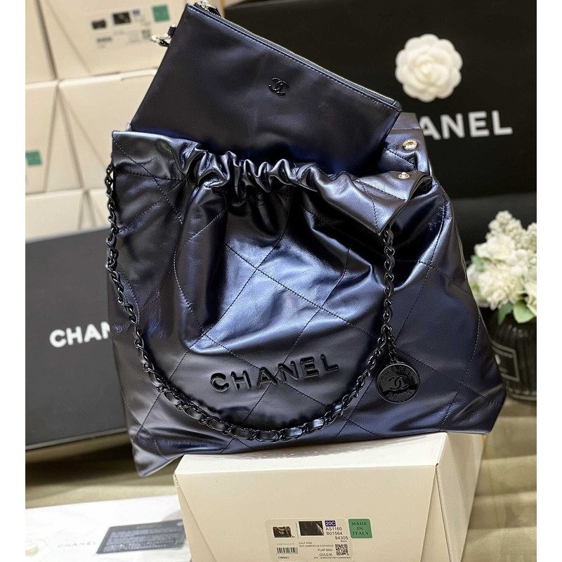Ch*el 22 handbag blue metallic bag