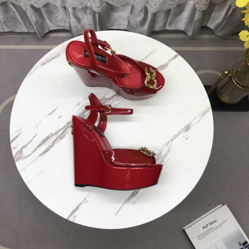 Dolce & Gabbana Patent Leather Wedge Sandals Dark Red