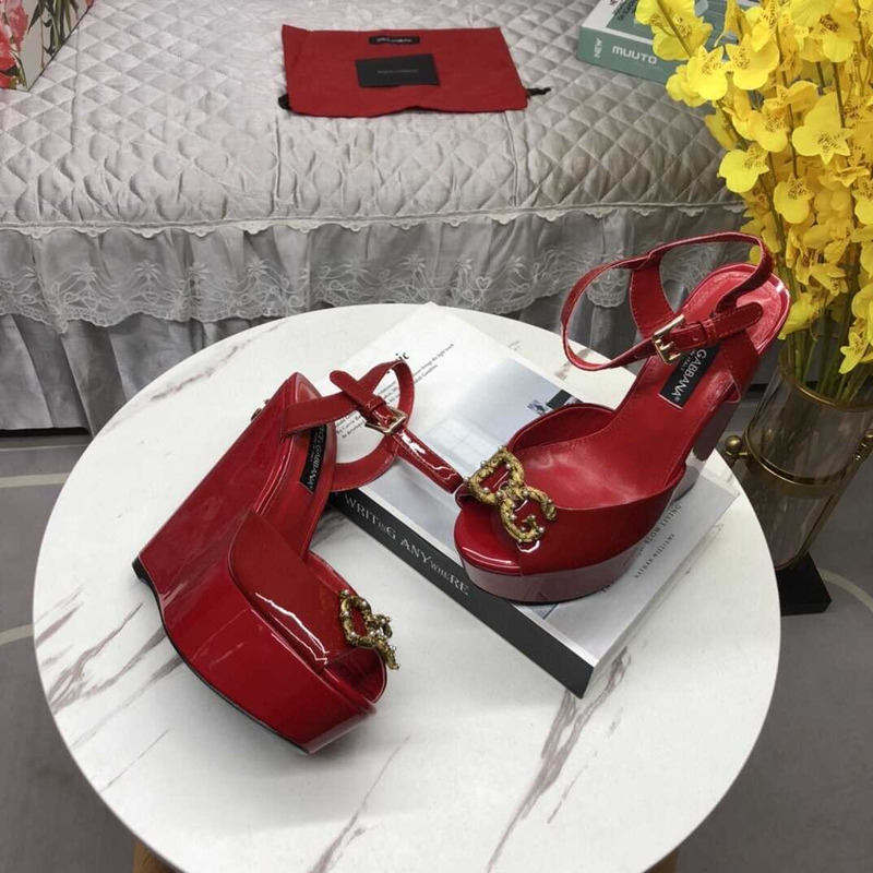 Dolce & Gabbana Patent Leather Wedge Sandals Dark Red