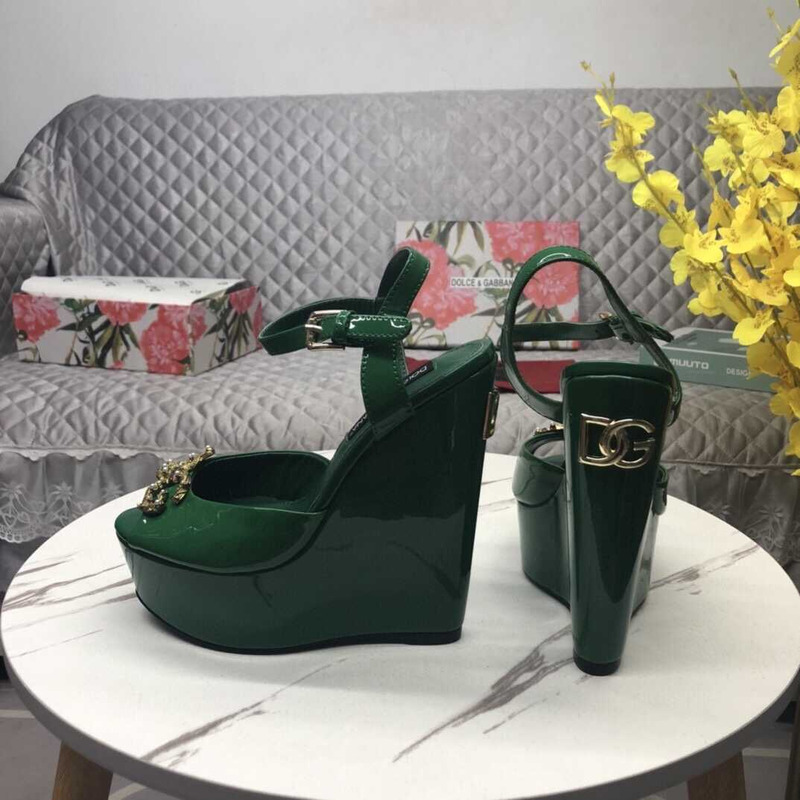Dolce & Gabbana Wedge Platform Patent Leather Sandals Green