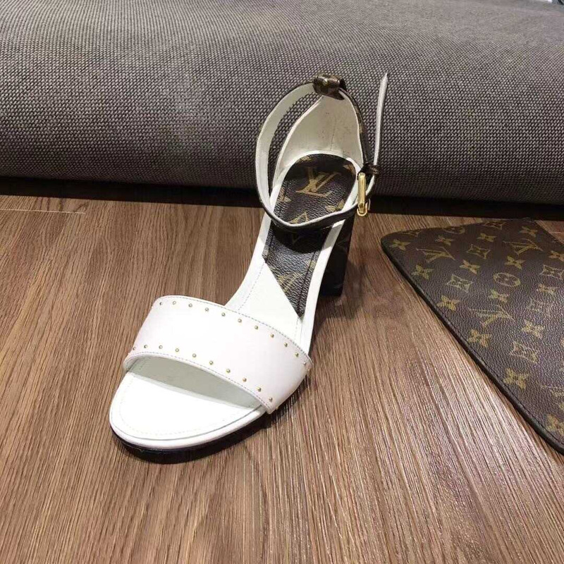 Monogram Casual Style Plain Leather Block Heels Party Style White
