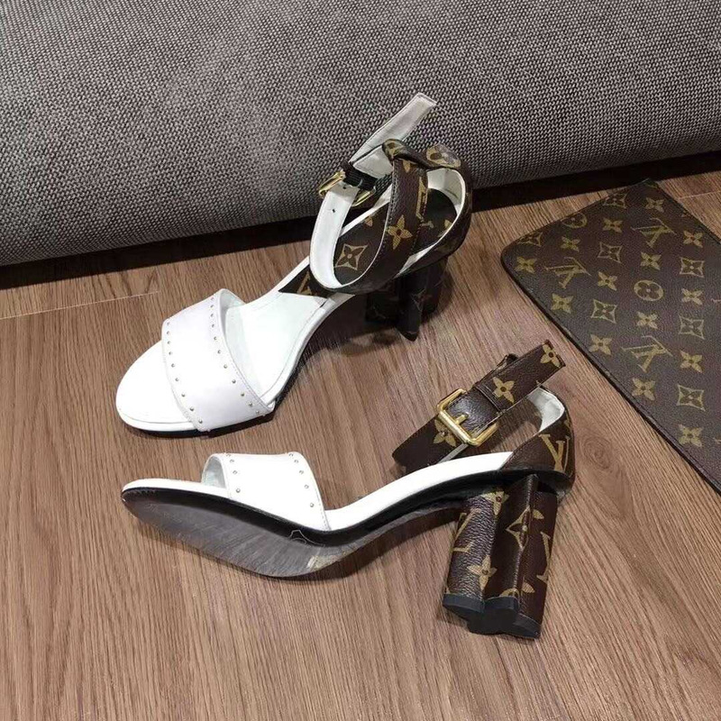 Monogram Casual Style Plain Leather Block Heels Party Style White