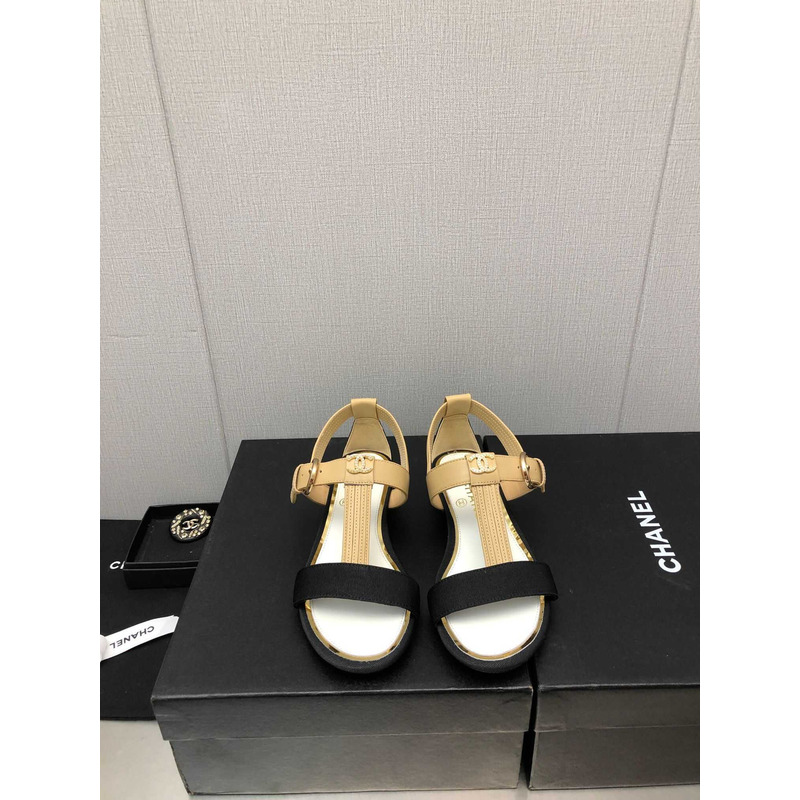 Ch*el casual style leather party style logo sandals  beige and black