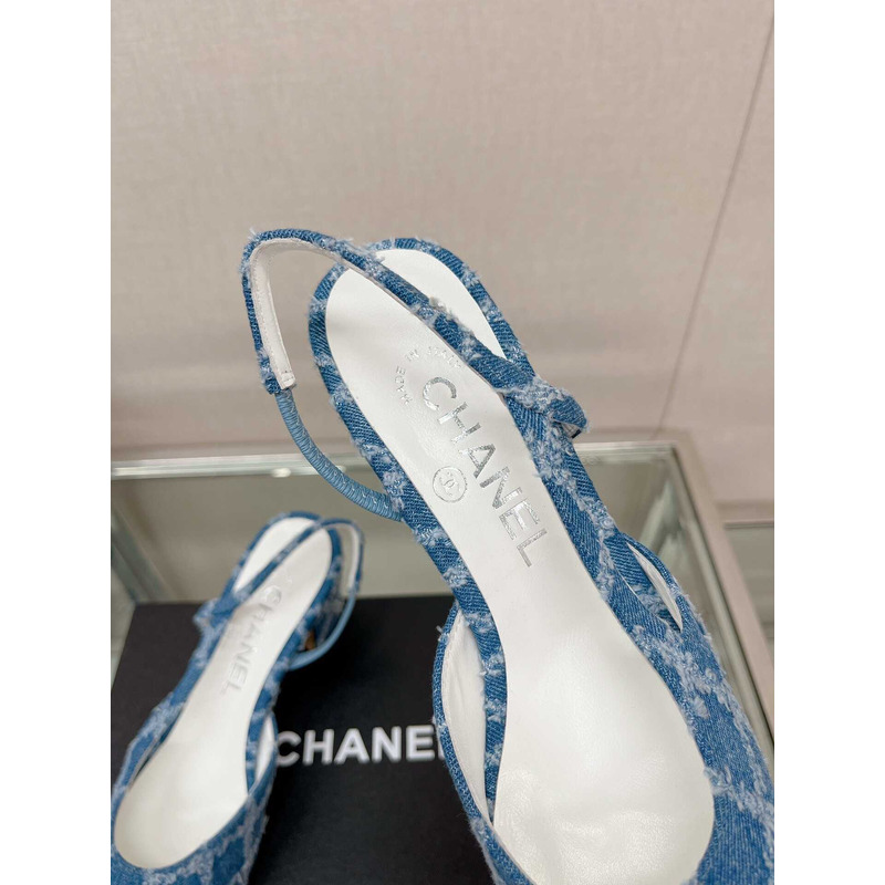 Ch*el slingback tweed sandal denim blue