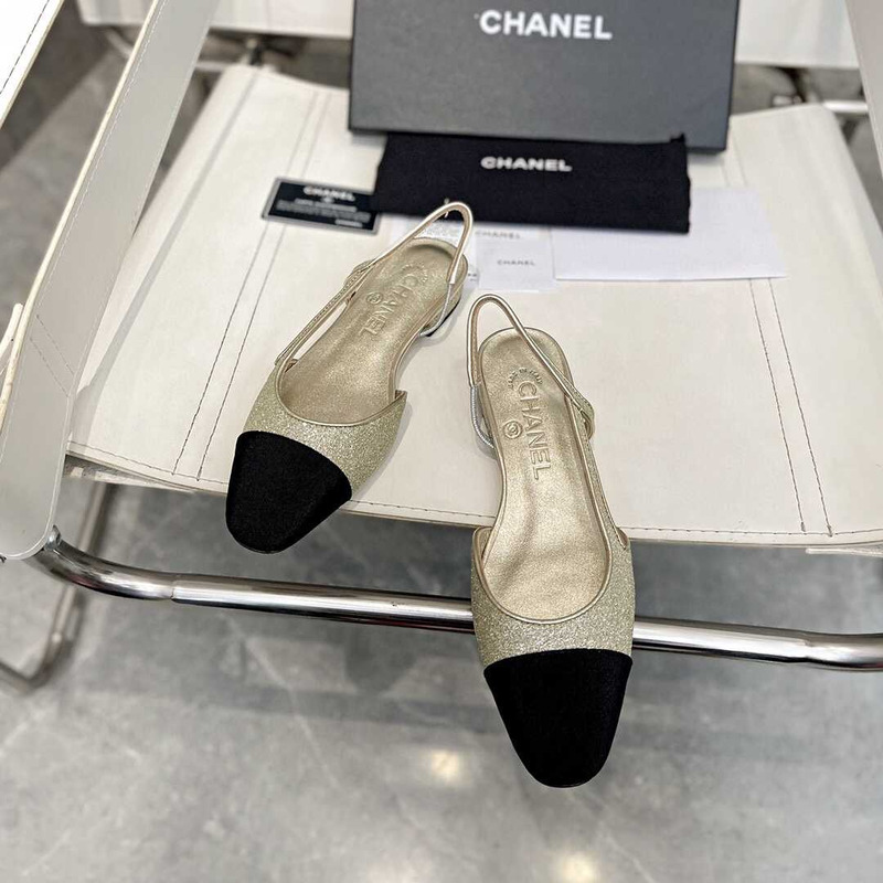 Ch*el strass 20mm slingbacks silver black grosgrain