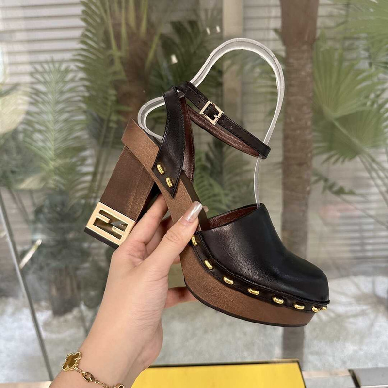 F**di black leather high heel show clogs