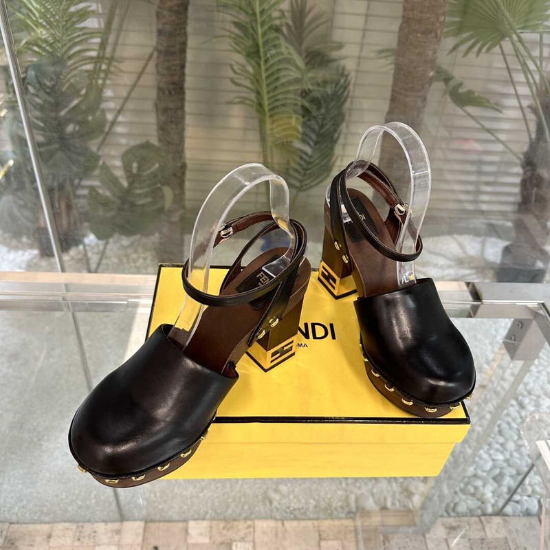 F**di black leather high heel show clogs