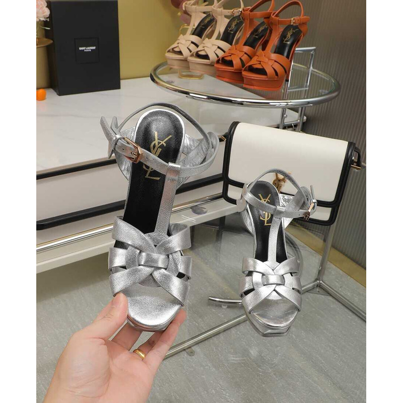 Saint Laurent Tribute Heeled Sandals Leather Silver