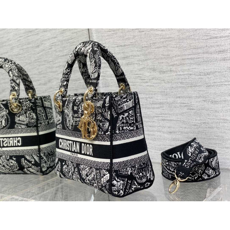 D*or medium lady d-lite bag black and white plan de paris embroidery