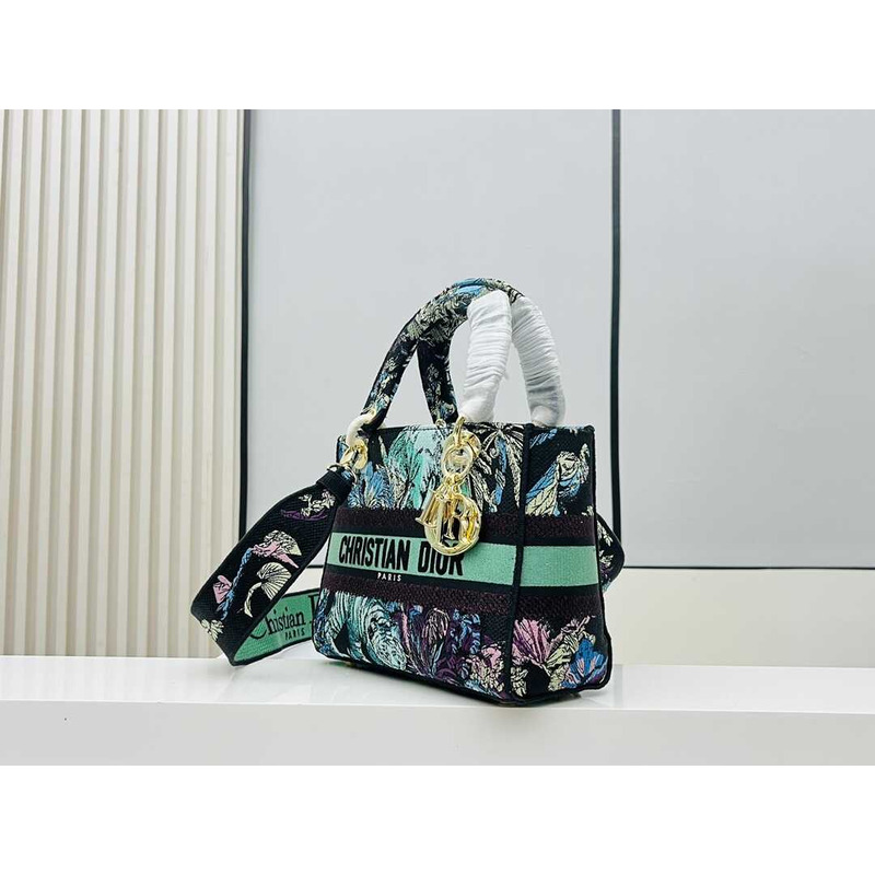 D*or medium lady d-lite bag blue multicolor toile de jouy voyage embroidery