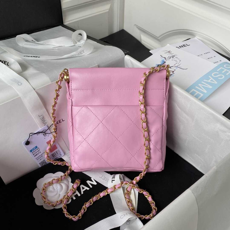 Ch*el small bucket bag lambskin resin & gold-tone metal pink
