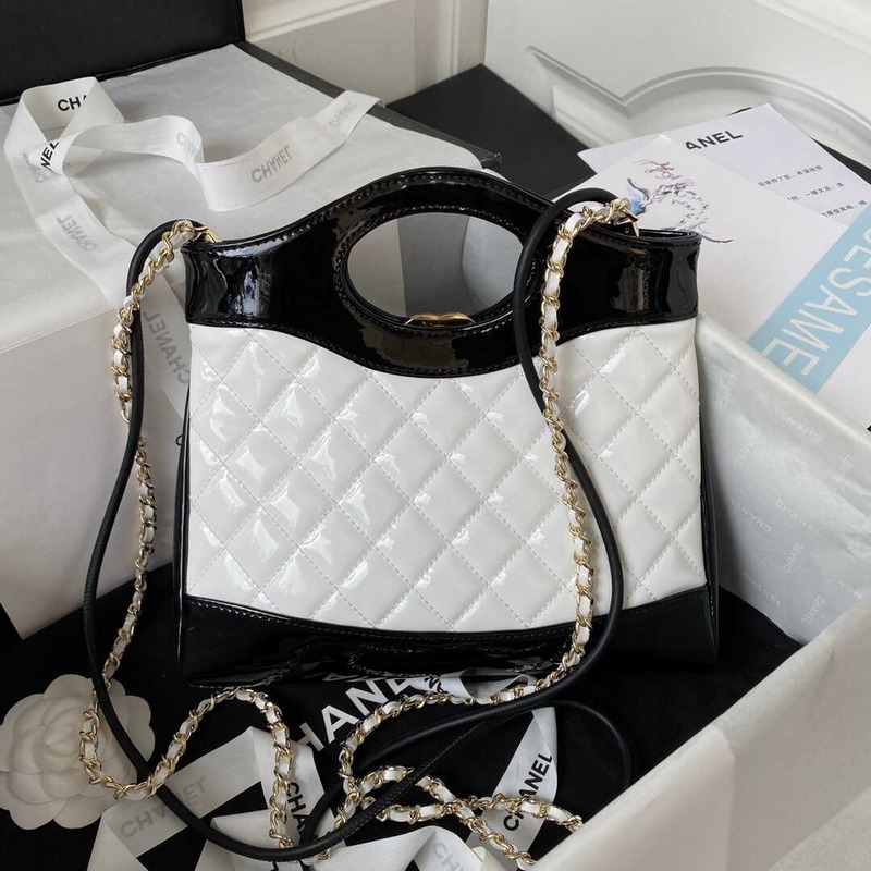 Ch*el 31 mini shopping bag patent calfskin & gold-tone metal white