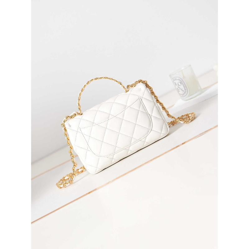 Ch*el small flap bag with handle polished lambskin & gold-tone metal white