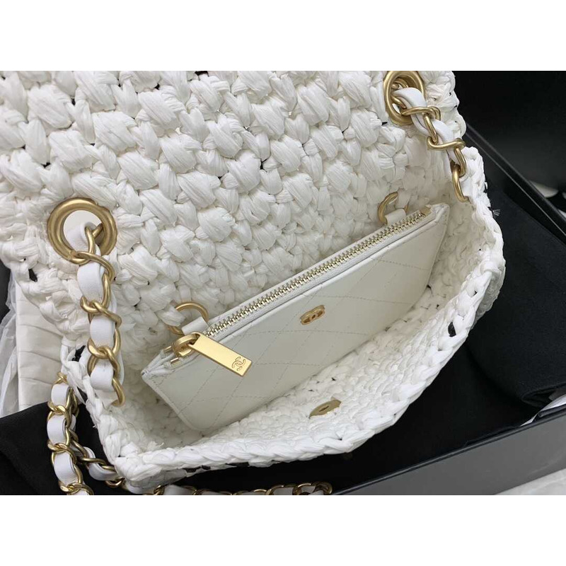 Ch*el mini flap bag raffia effect tweed & gold-tone metal white