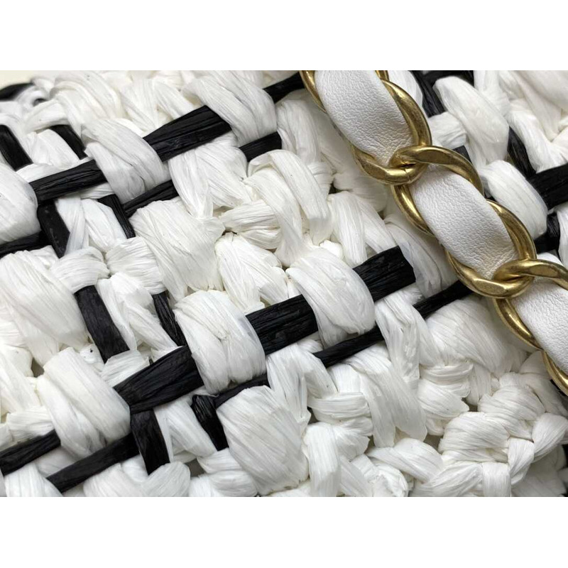 Ch*el mini flap bag raffia effect tweed & gold-tone metal white
