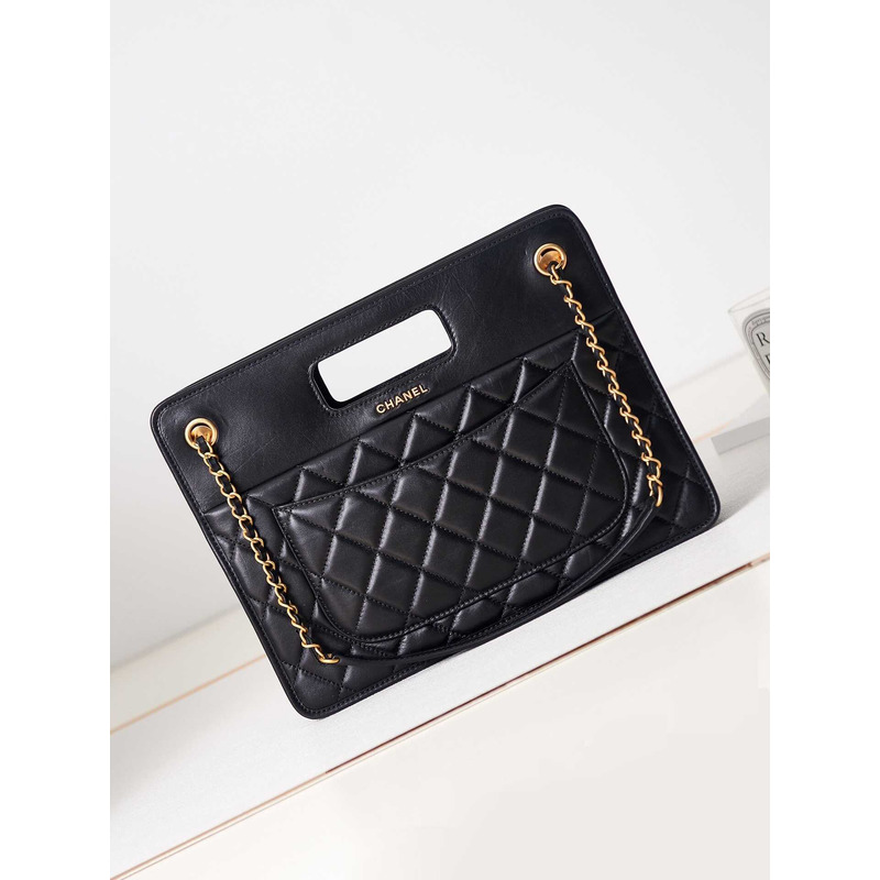 Ch*el mini flap bag with handle calfskin & black-tone metal black