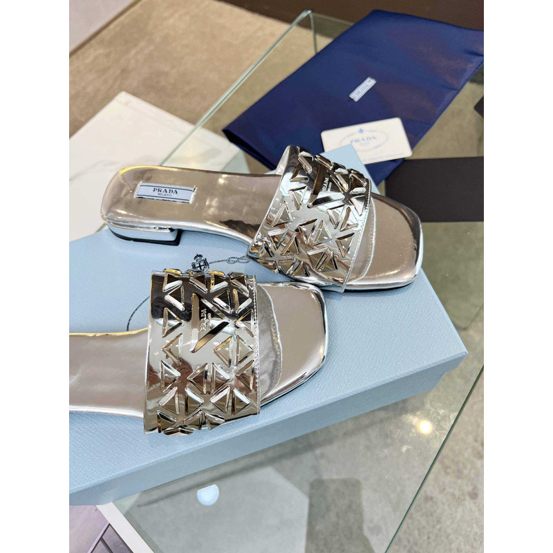 Pra*a leather studded metallic slides silver