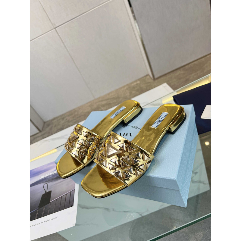 Pra*a leather studded metallic slides gold
